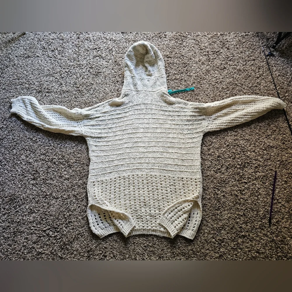 Free People light Beige‎ and blue knitted boho oversized hooded  sweater size L